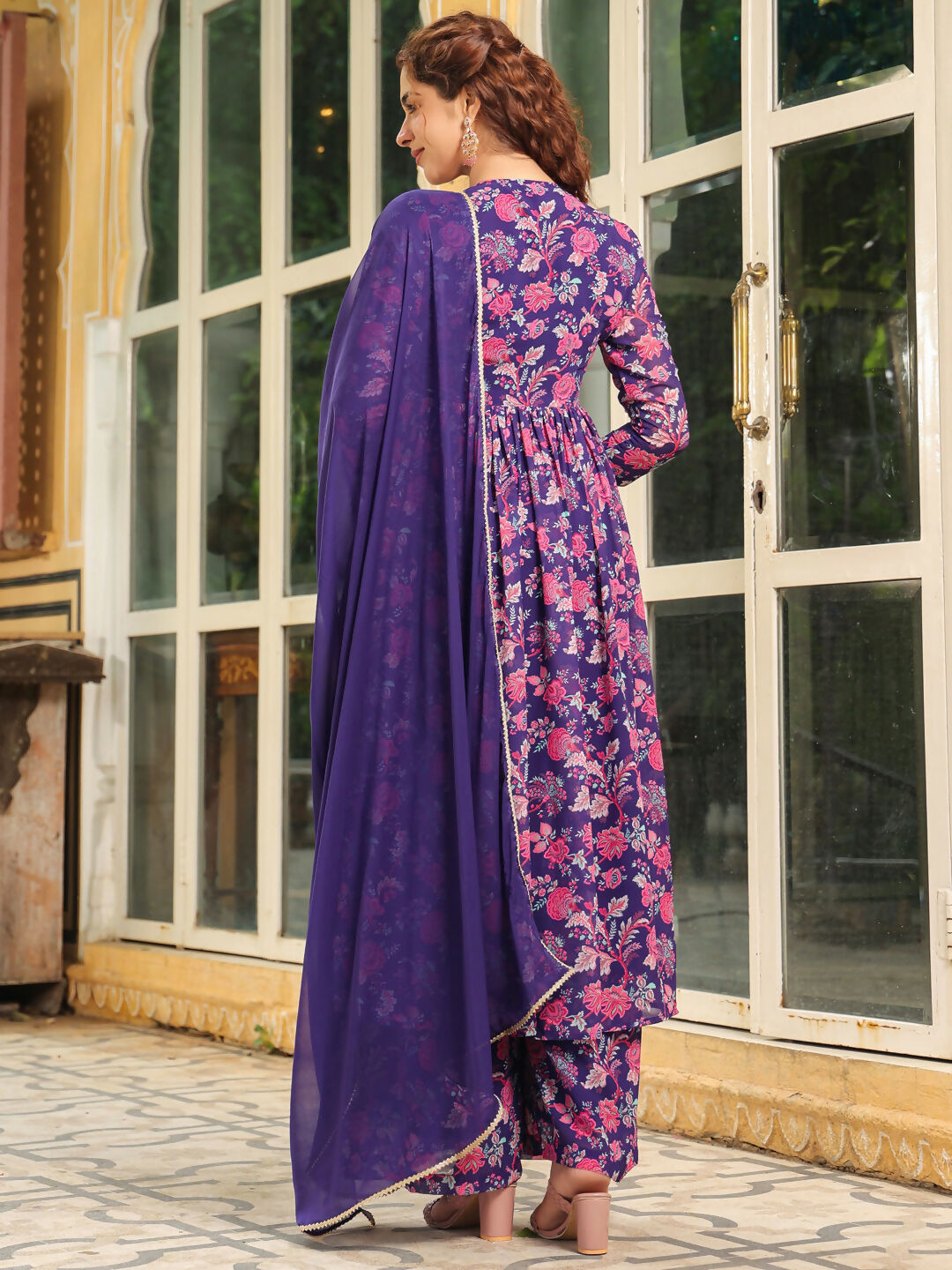 Janasya Purple Georgette Floral Kurta,Bottom & Dupatta