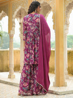 Janasya Purple Georgette Floral Kurta,Bottom & Dupatta