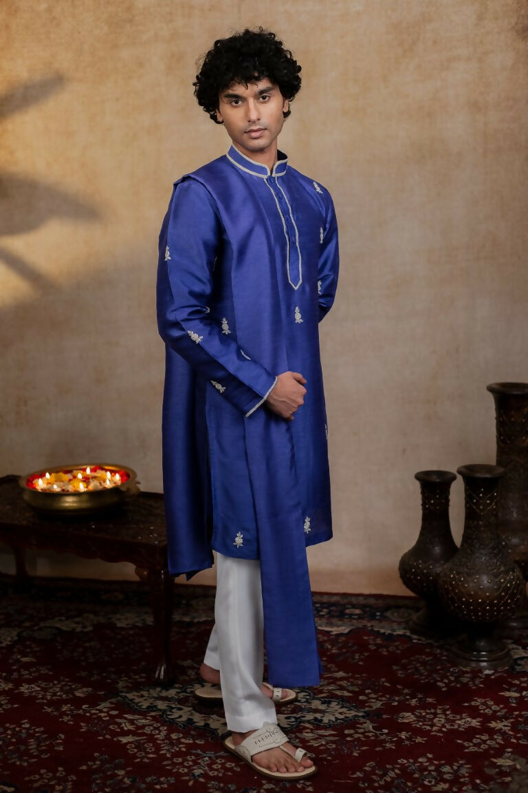 Falling Raw Silk Dark Blue Silver Stitches Kurta Set By Hilo Design