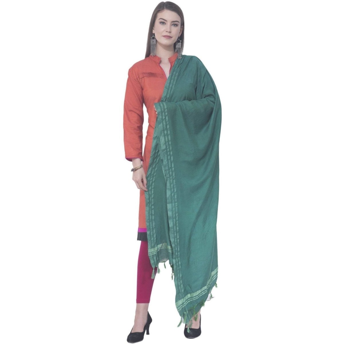A R SILK Rama green Color Golden border Cotton Dupattas and Chunnis
