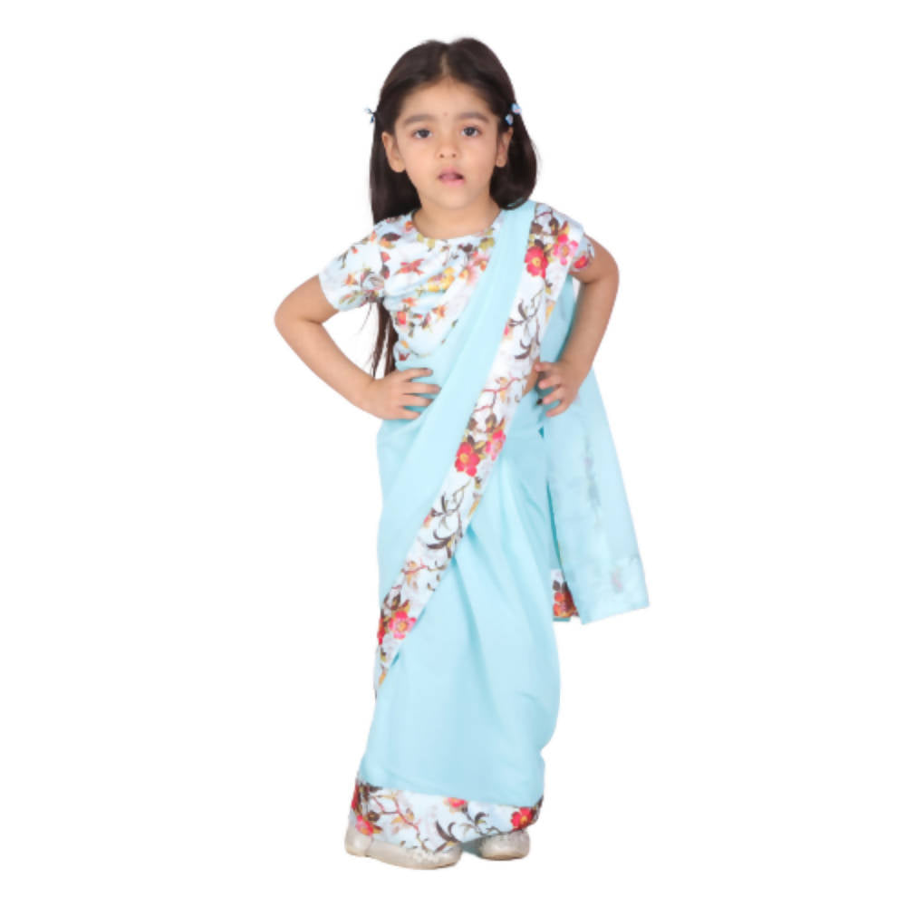Little Bansi Girls 90's Era Saree with Silk Floral Blouse - Sky Blue