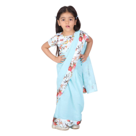 Little Bansi Girls 90's Era Saree with Silk Floral Blouse - Sky Blue