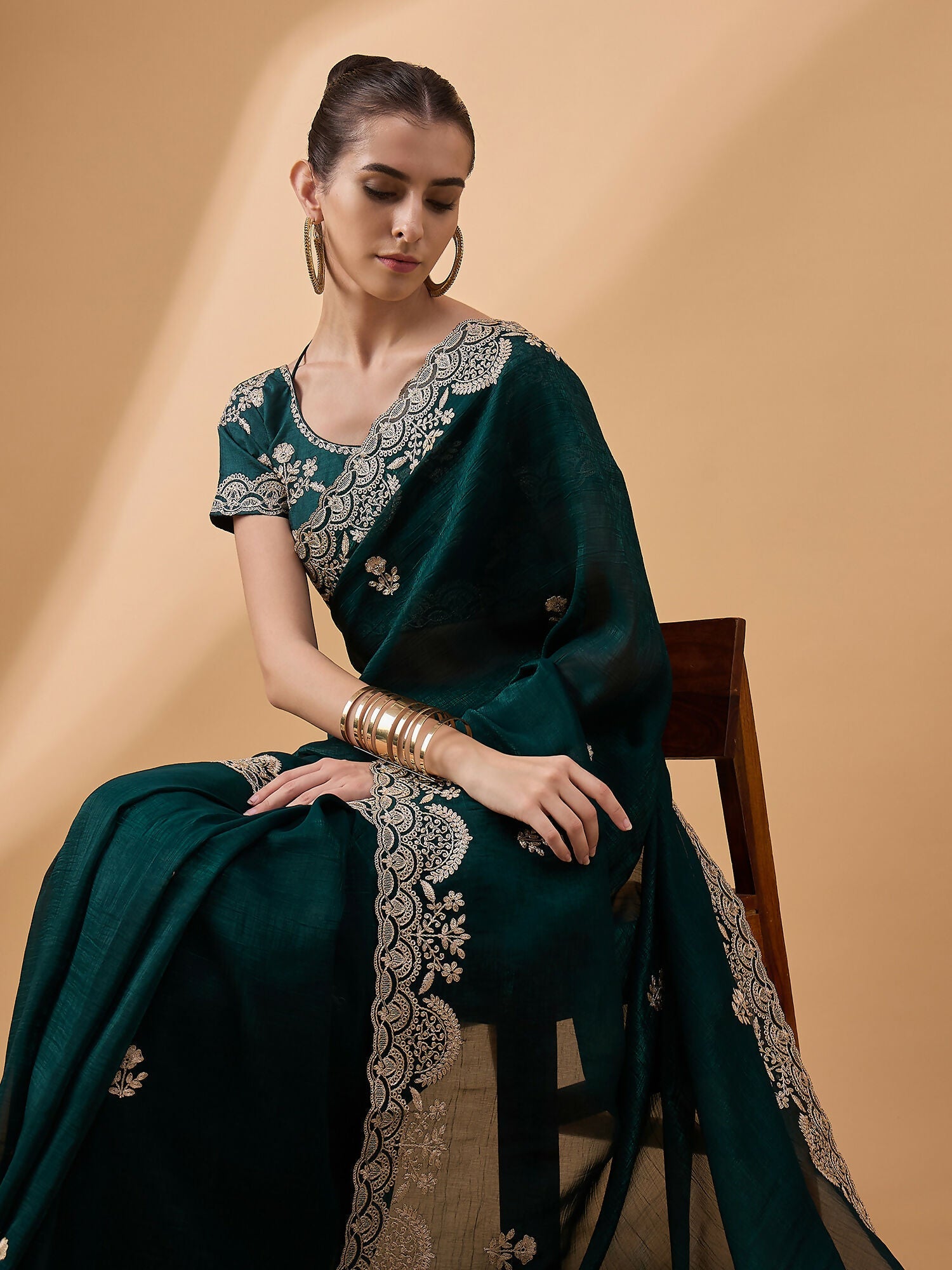 Teal Silk Embroidered Saree with Unstitched Blouse Piece - Satya