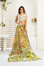Vastranavya Yellow Digital Printed Linen Ready To Wear Designer Saree with Unstitched Blouse - Distacart