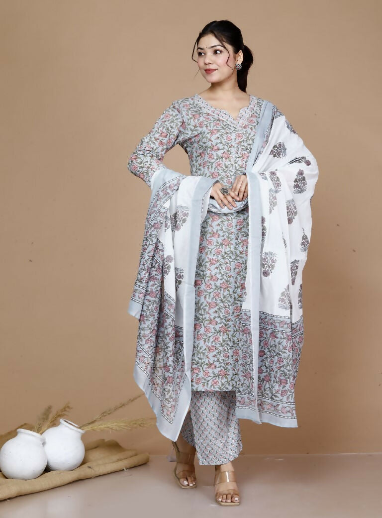 Miravan Women's Blue Gota Patti Cotton Kurta With Palazzo And Dupatta Set