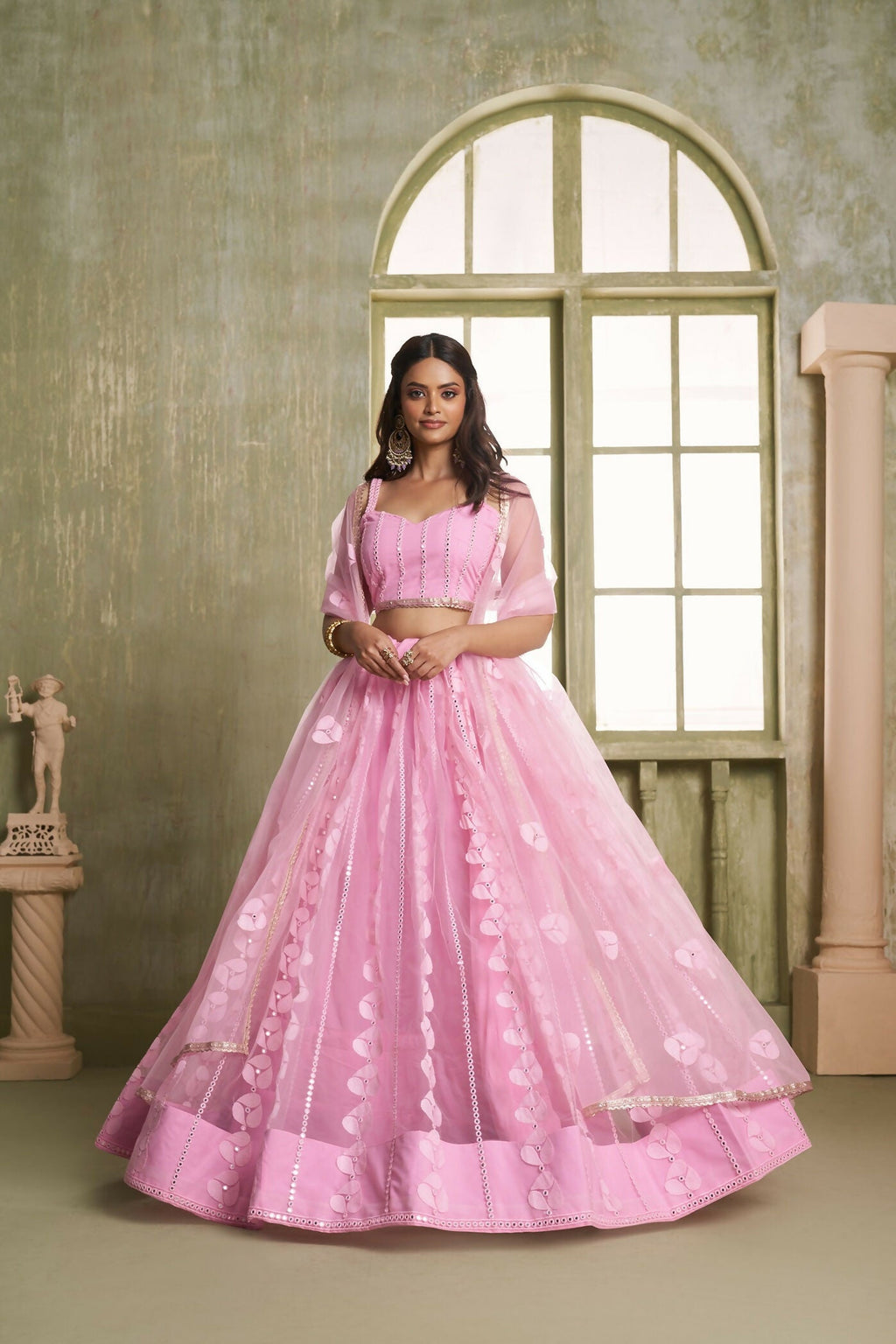 Eilara Pink Net Lehenga Choli With Embroidered, Sequins And Thread Work For Women