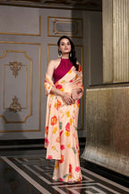 Vastranavya Cream Satin Silk Printed Saree with Hotfix Work Unstitched Blouse