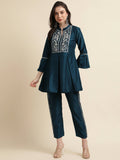 Teal Chinon Floral Embroidered Top with Bottom - Maanushi