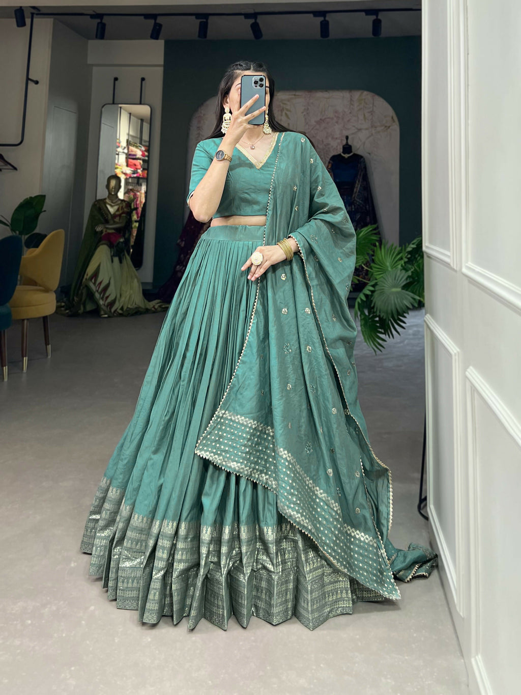 Lorenvalley Seagreen Pure Chanderi Plain With Zari Weaving Work Border Lehenga Choli