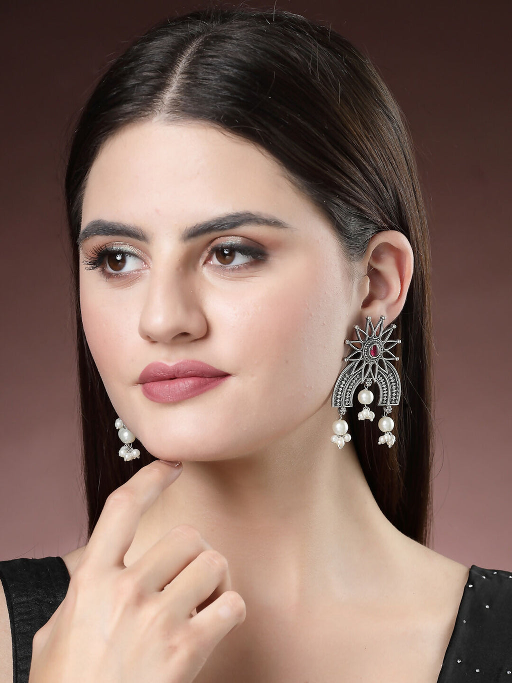 NVR Women's Floral Silver-Plated Artificial Stones and Beads Drop Earrings - Distacart
