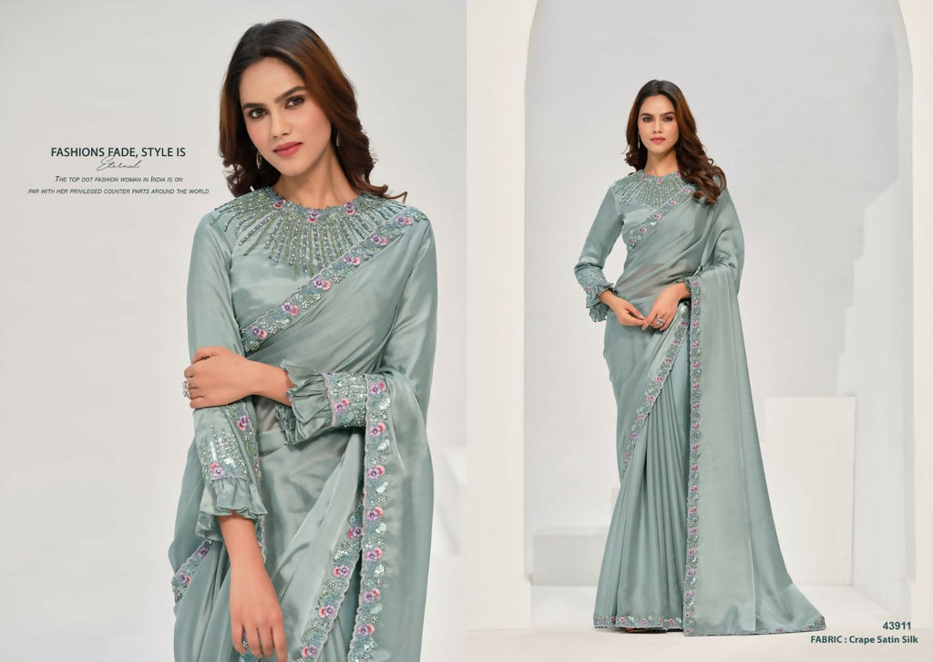 Sea Green Crepe Satin Silk Handwork Saree with Unstitched Blouse - Norita Saanjh