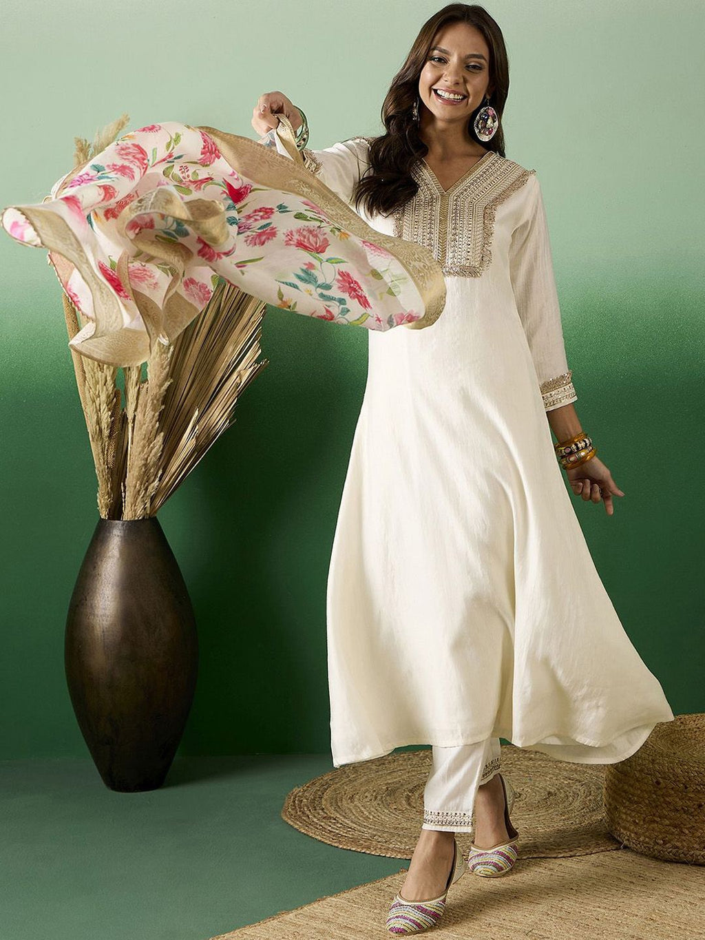Sangria Embroidered A-Line Kurta With Trousers & Dupatta