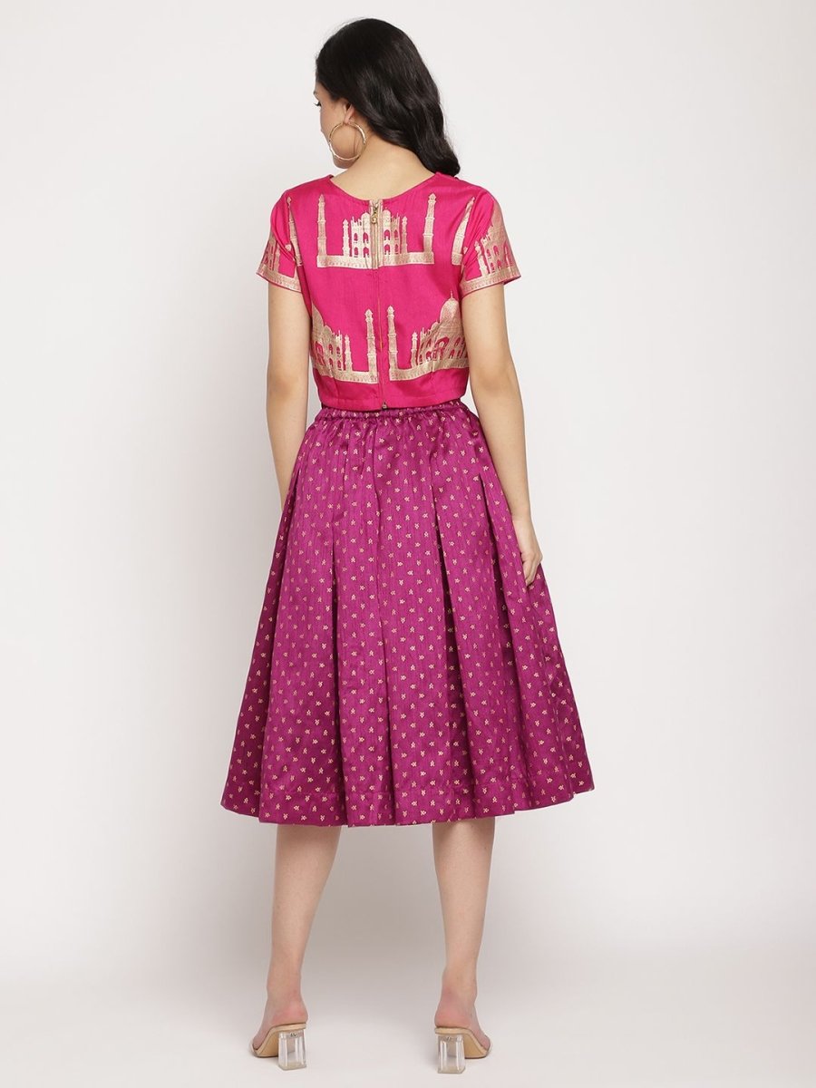 Ahalyaa Women's Pink Poly Silk Gold Foil Print Top With Skirt