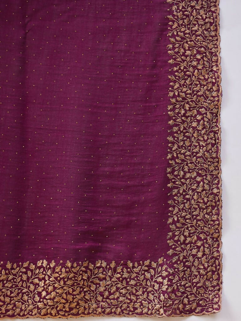 Purple Silk Blend Embroidered Saree with Unstitched Blouse - Vairagi