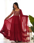 The52 Women's Beautiful Embroidery Work Faux Georgette Fabric Flared Anarkali Pant and Dupatta Set - Distacart