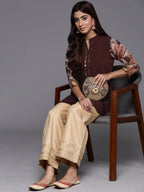 Ahalyaa Brown & Gold-Toned Mandarin Collar Printed Tunic - Brown Color