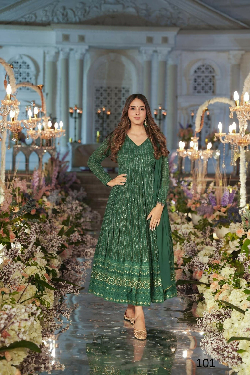 Aayaa Designer Embroidery Zari Sequins Work Faux Blooming Georgette Suit - Green - Distacart