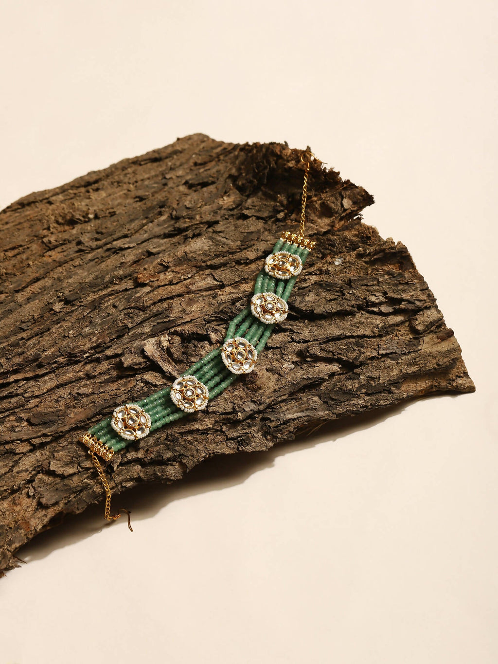 Gold-Plated Green Kundan Studded Headband - Ruby Raang - Distacart