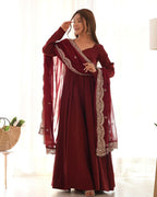 Joban Fashion Maroon Kurta Set Chanderi Sequence Embroidery Work - Distacart