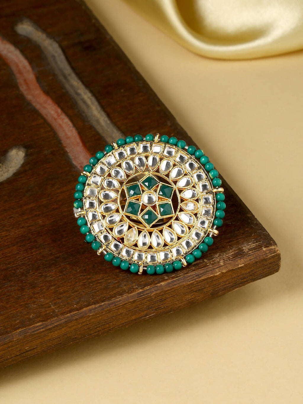 NVR Women's Traditional Ethnic Kundan Meenakari Gold-Polished Ajustable Finger Ring