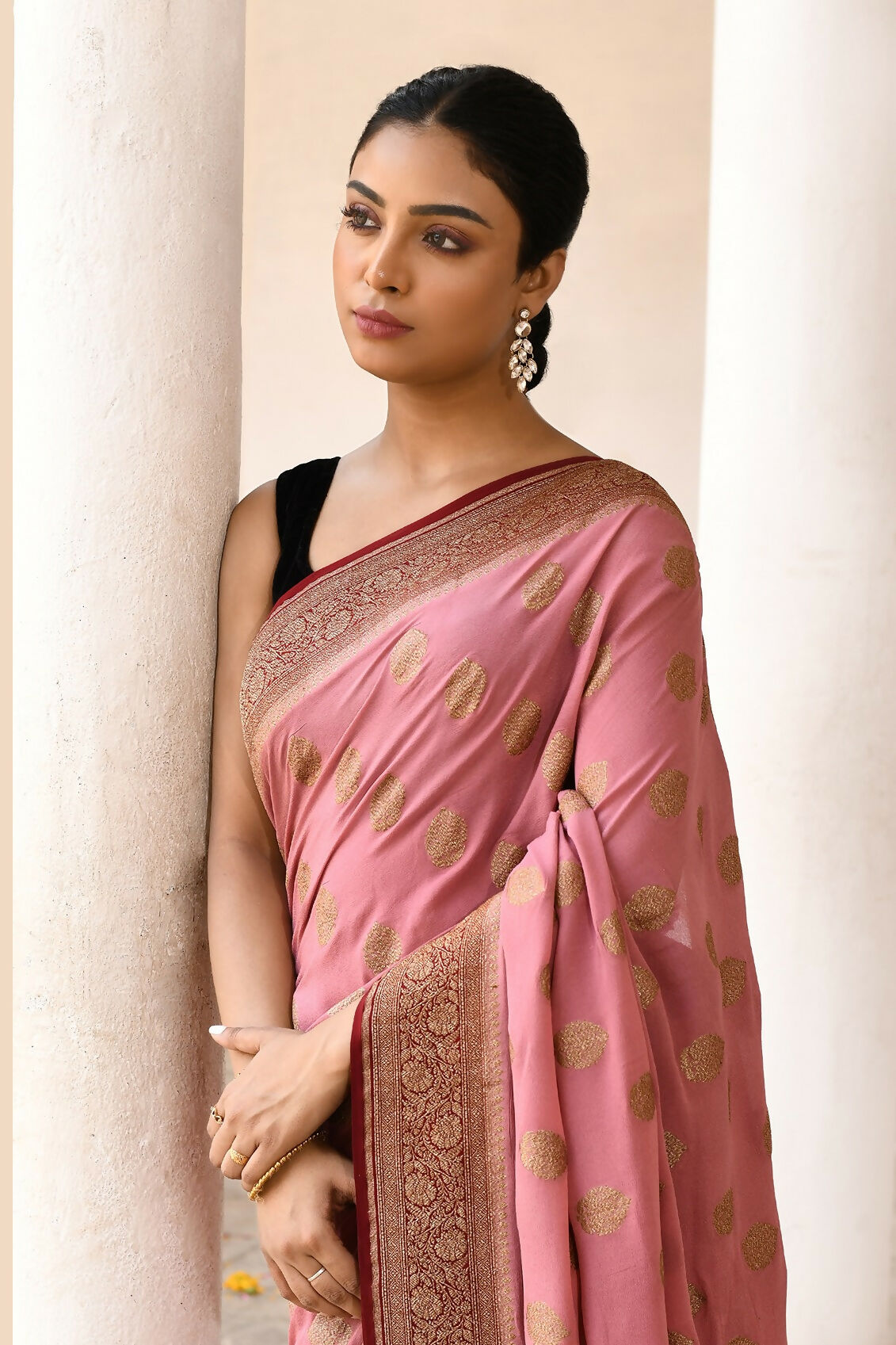 Joban Fashion Nude Pink Crepe Chiffon Pure Handloom Banarasi Silk Saree