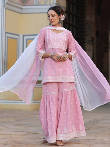 Juniper Women's Pink Cambric Floral Print Kurta Sharara Sets