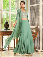 Janasya Sage Green Georgette Sequined Top Bottom Cape