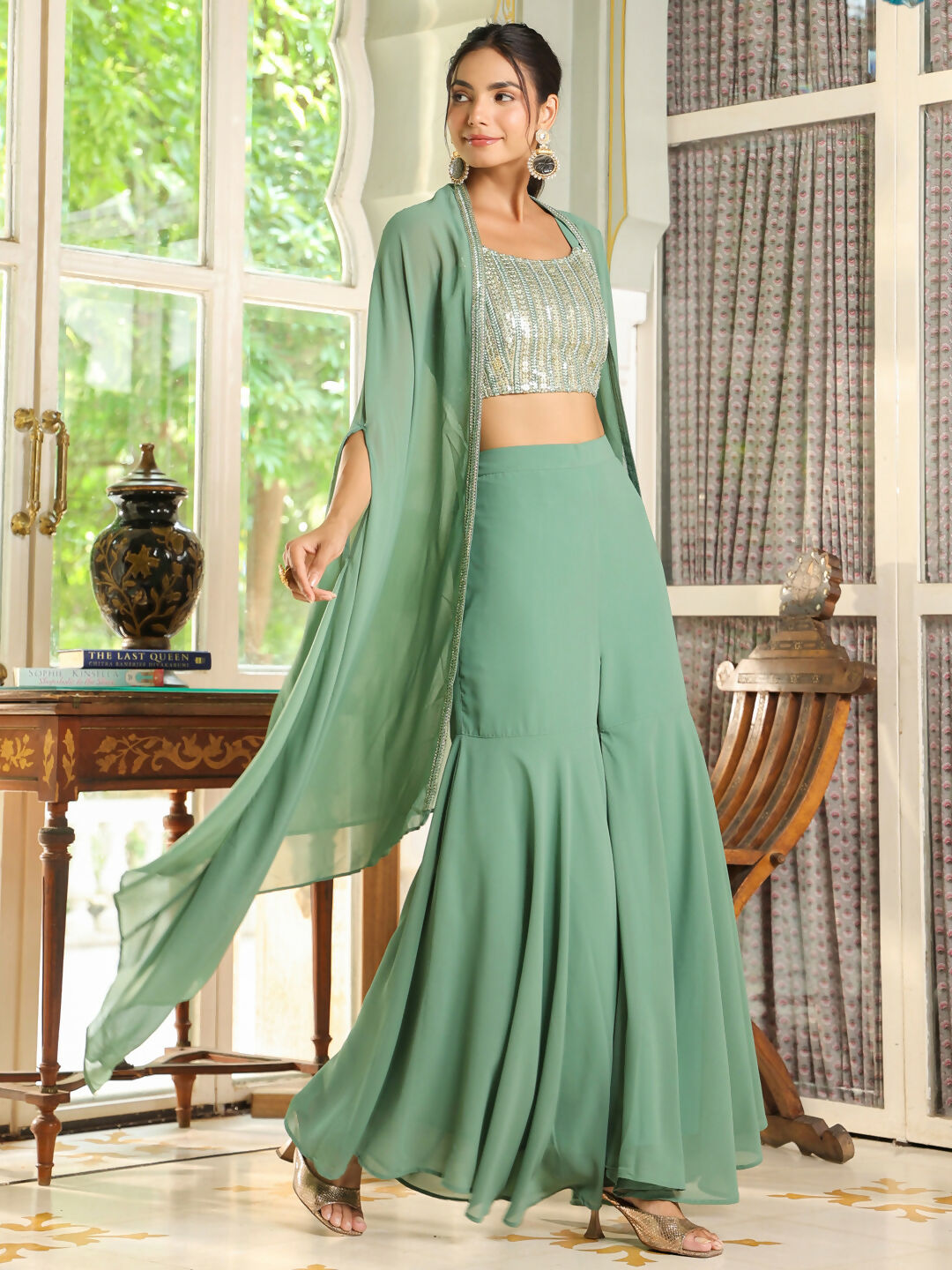 Janasya Sage Green Georgette Sequined Top Bottom Cape
