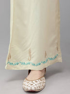 Yufta Women Green & Beige Embroidered Straight Kurta With Trouser
