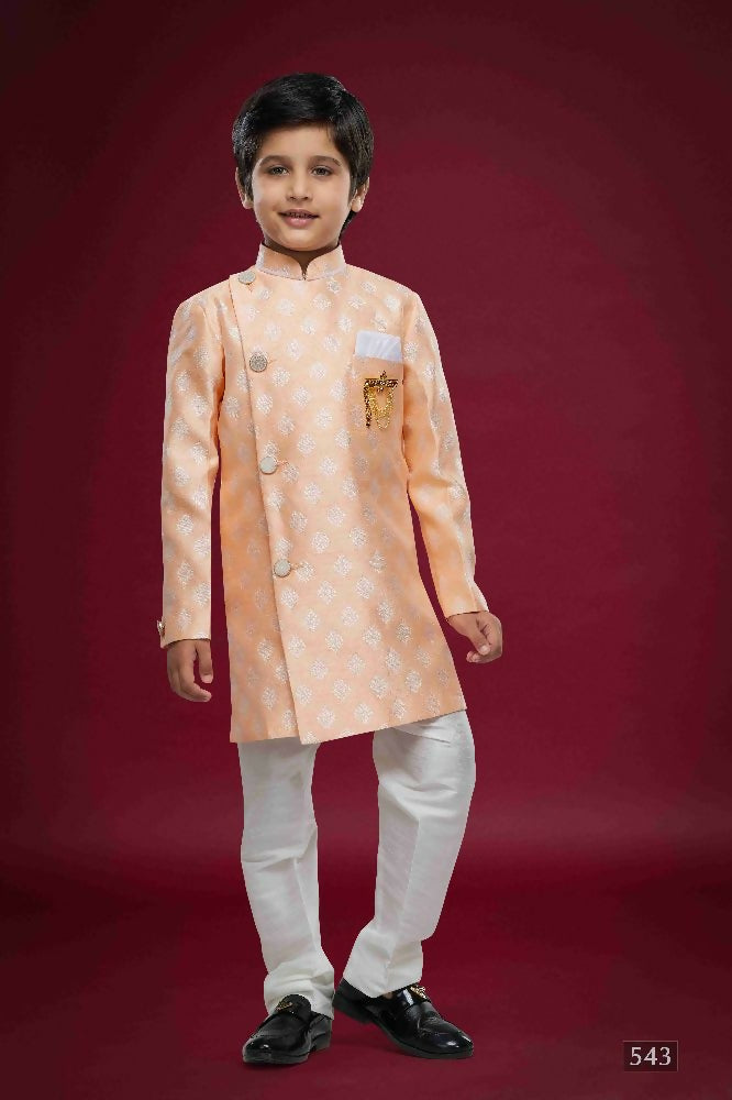 Raivat Ethnic Kids Banarasi Jacquard Woven Work Semi Indo Western Set Peach Colour