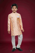 Raivat Ethnic Kids Banarasi Jacquard Woven Work Semi Indo Western Set Peach Colour
