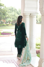 Vastranavya Green Velvet With Rich Sequins & Zari Embroidered Work Top-Bottom With Dupatta - Distacart
