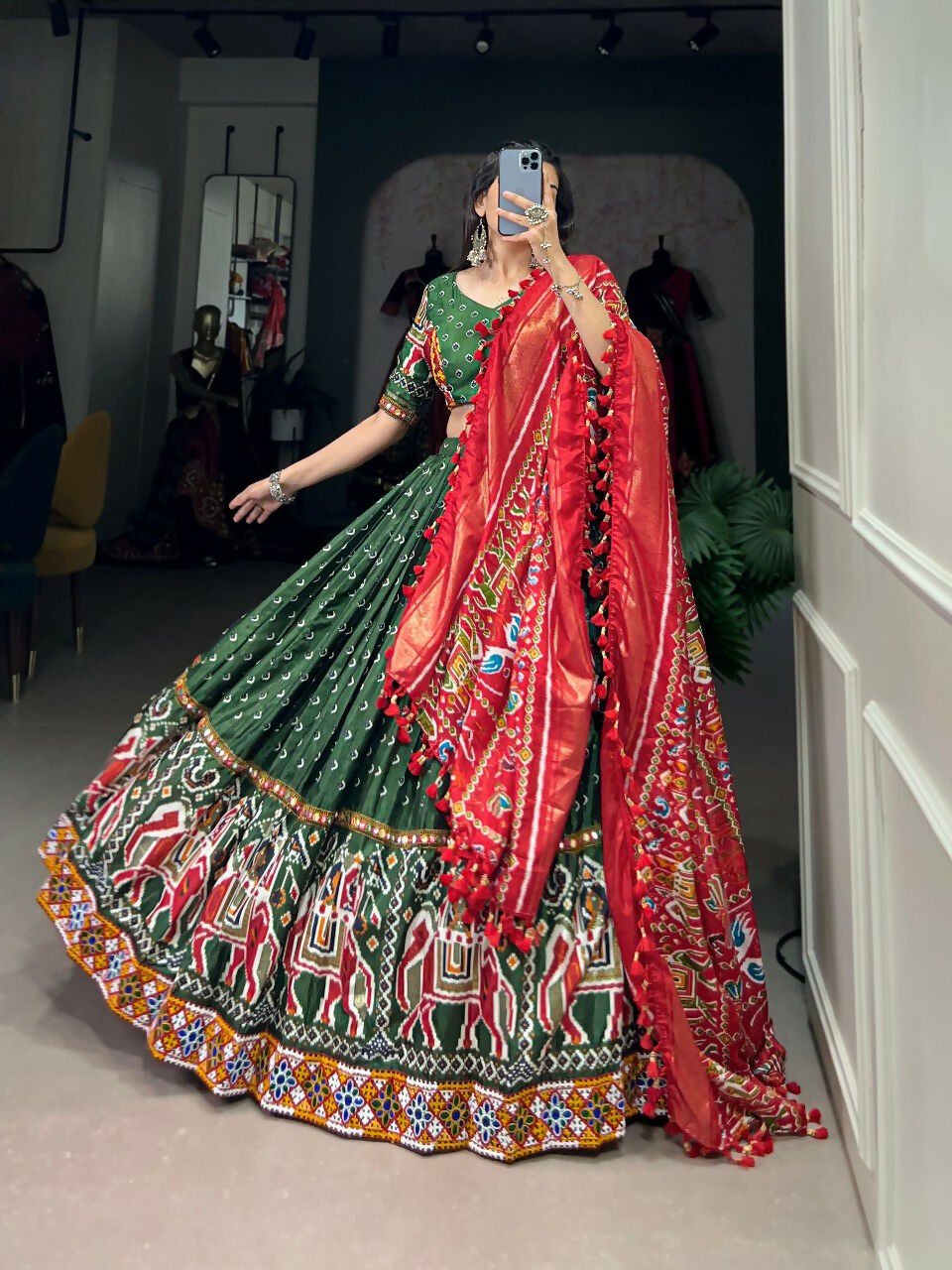 Vastranavya Navaratri Special Dola Silk Patola Print With Gamthi Work Lace Border Lehenga with Stitched Blouse - Green