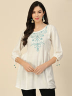 White Poly Rayon Floral Embroidered Top - Zeny