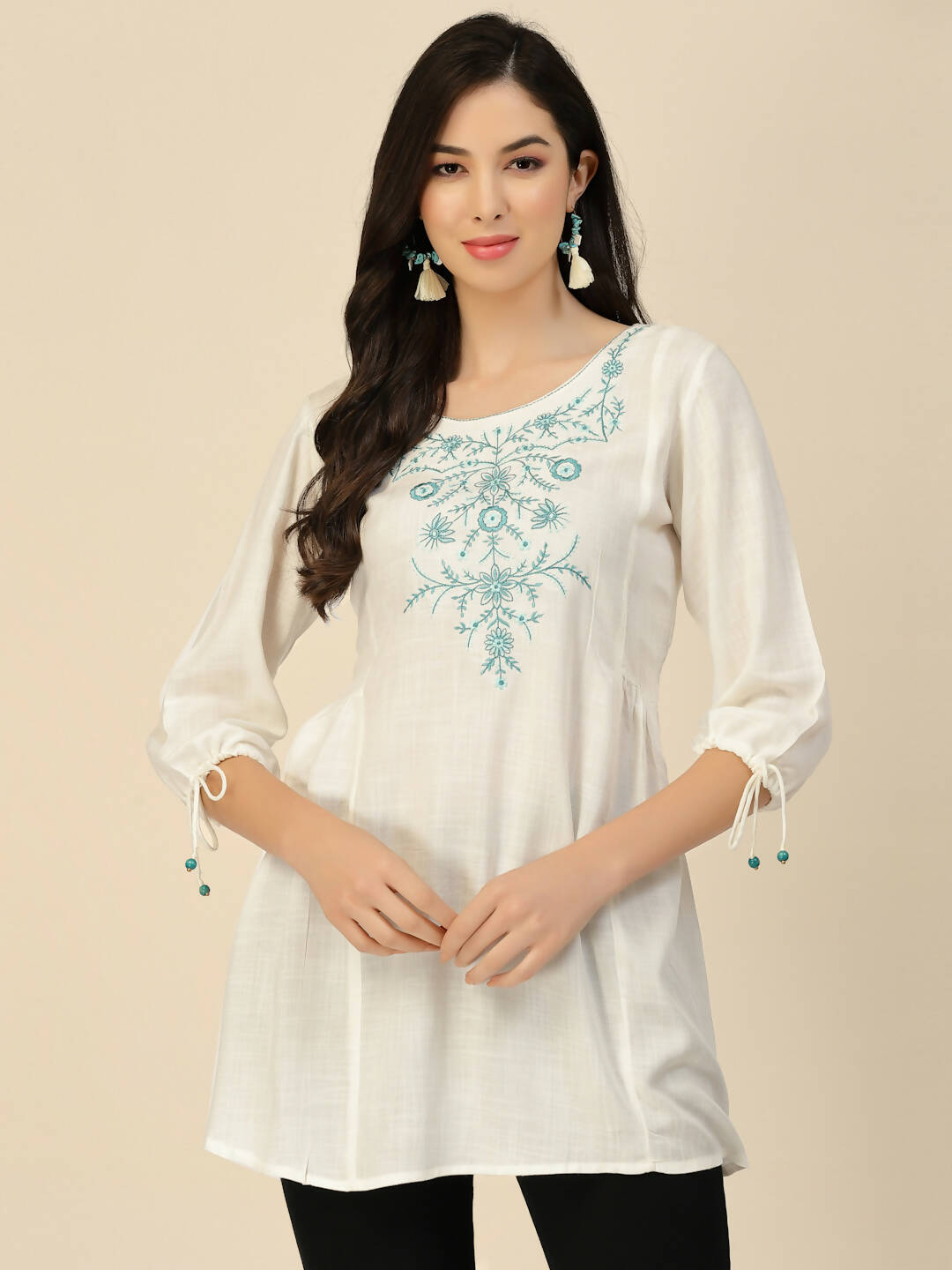 White Poly Rayon Floral Embroidered Top - Zeny