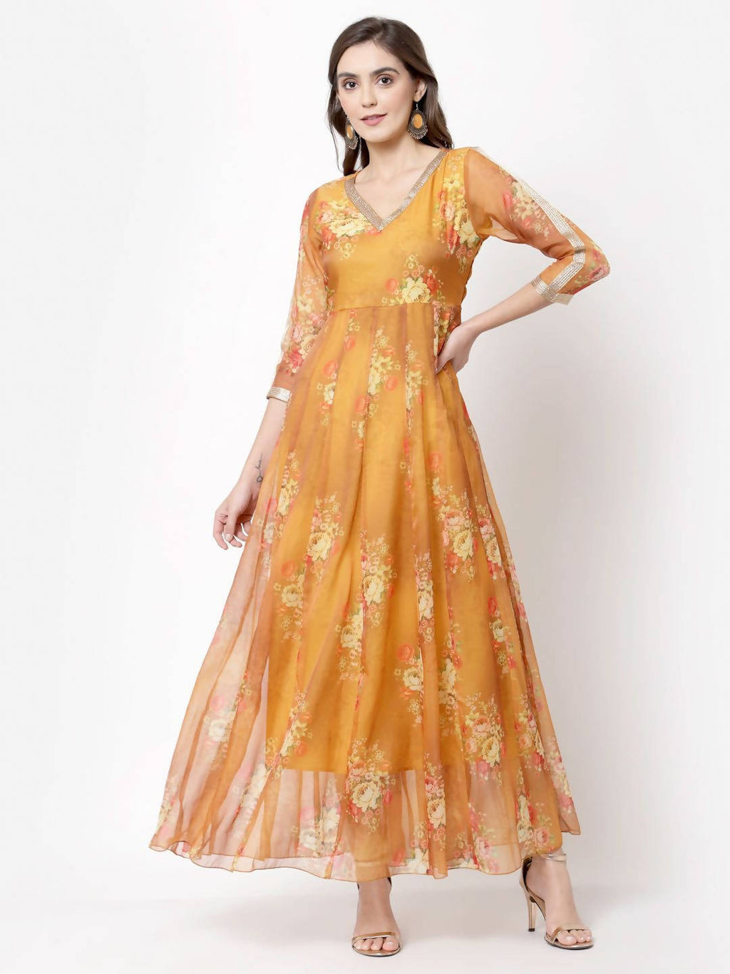 Myshka Women's Brown Organza Printed 3/4 Sleeve V Neck Casual Dress