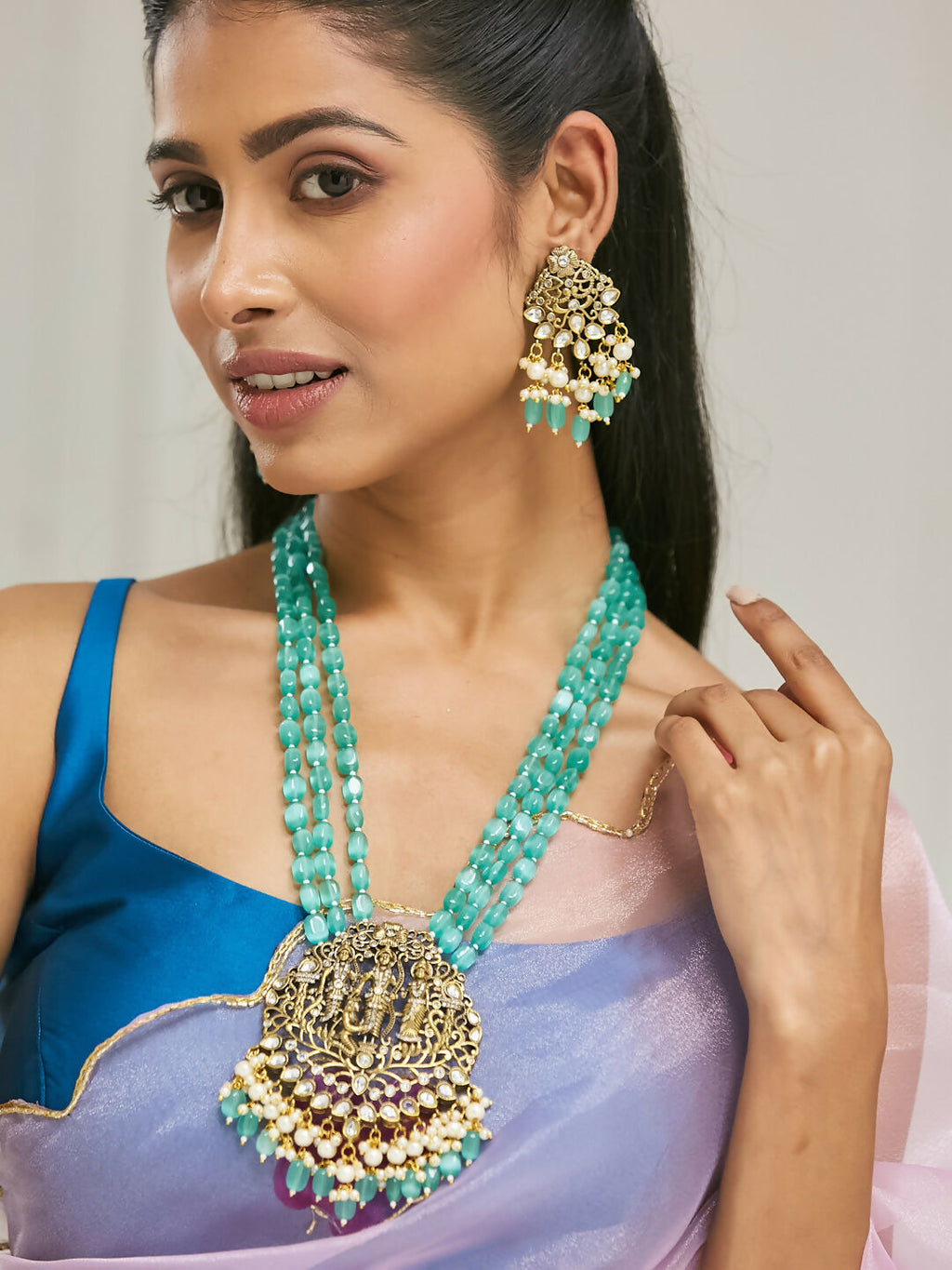 Nuyug 22K Gold-Plated Zircon Studded & Stone Beaded Strings Necklace Set