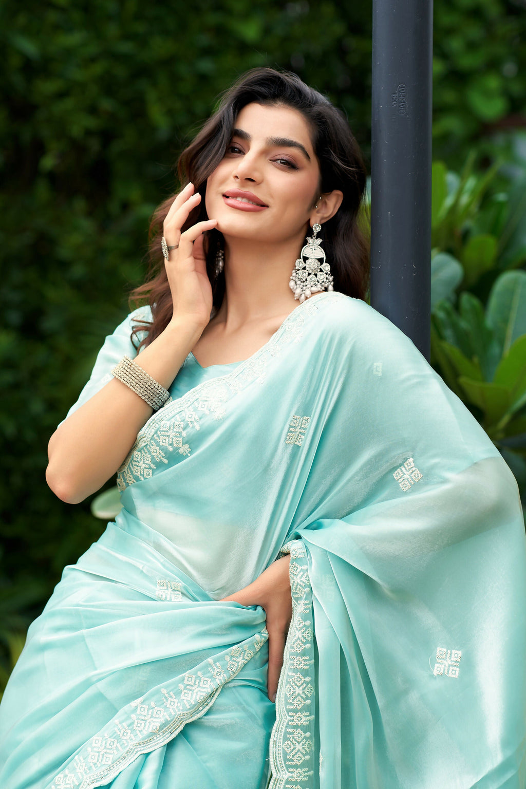 Vastranavya Turquoise Embroidery Work Shimmer Chiffon Saree with Unstitched Blouse - Distacart