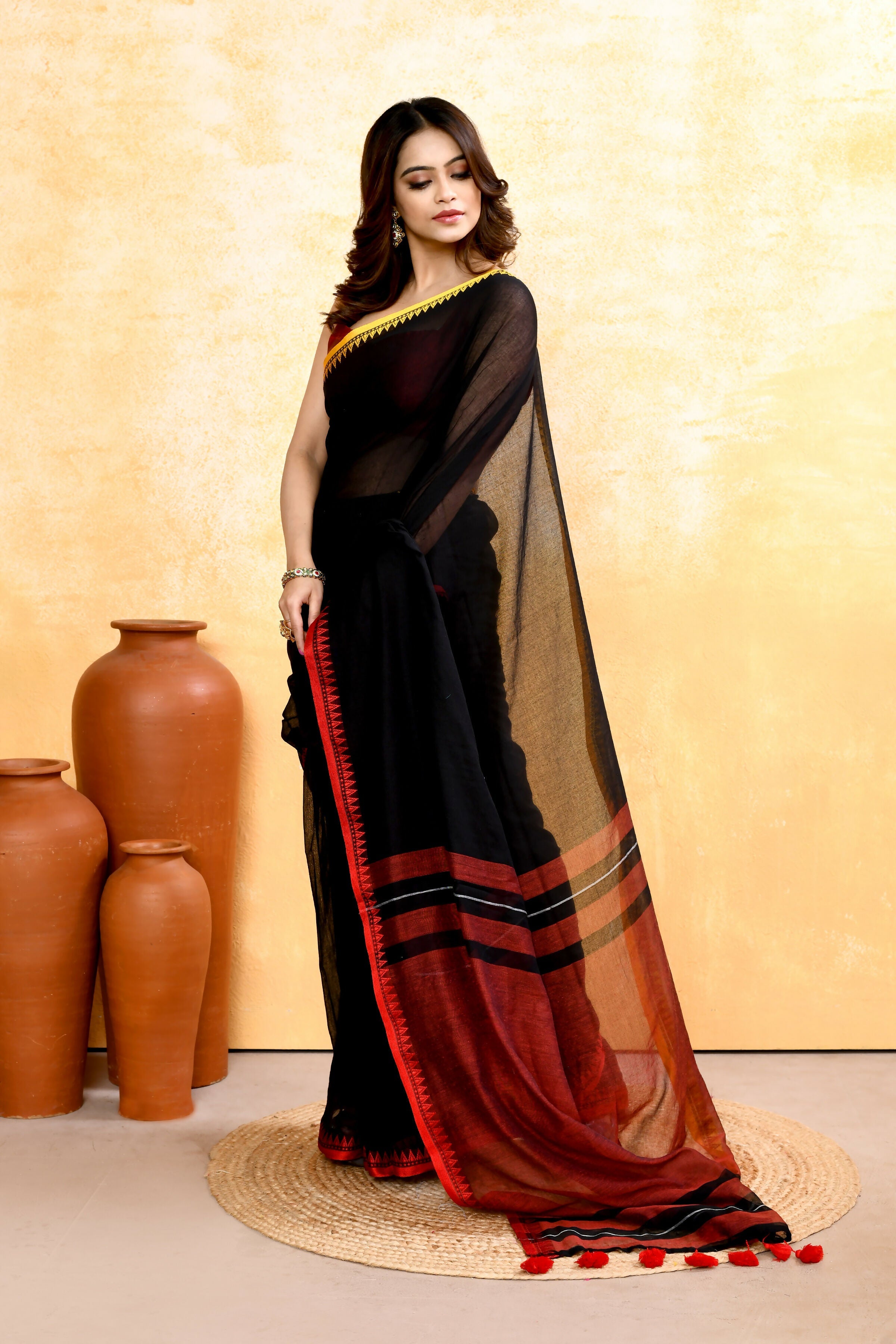 Piyari Fashion Women's Black Embellished Handloom Cotton Saree - Distacart