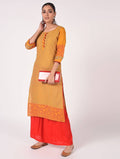 Cheera Hand Block Print Mustard With Red Color Combination Straight Kurta