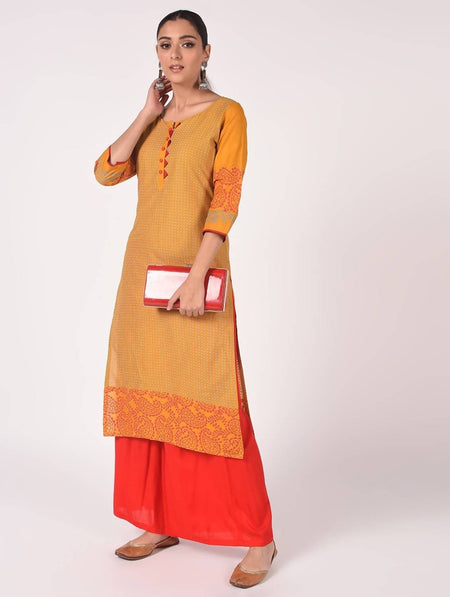 Cheera Hand Block Print Mustard With Red Color Combination Straight Kurta