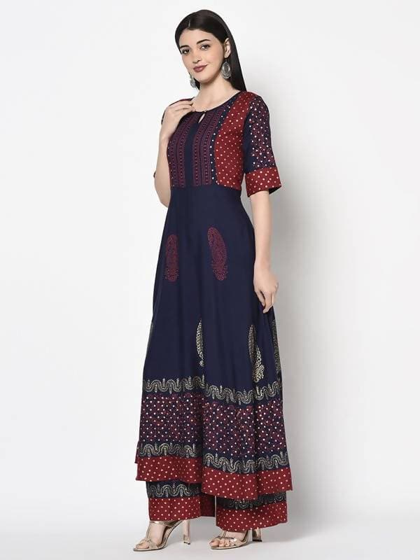 Aniyah Rayon Navy Blue Color Block Print Anarkali kurta (AN-177K)