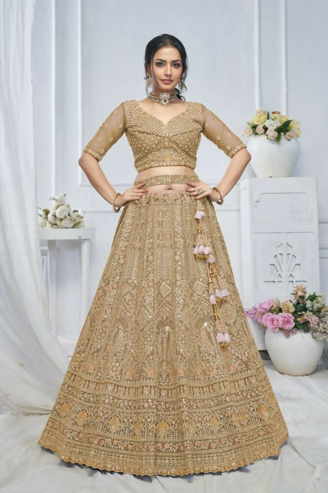 Kesar Fab Brown Net Embroidered Lehenga