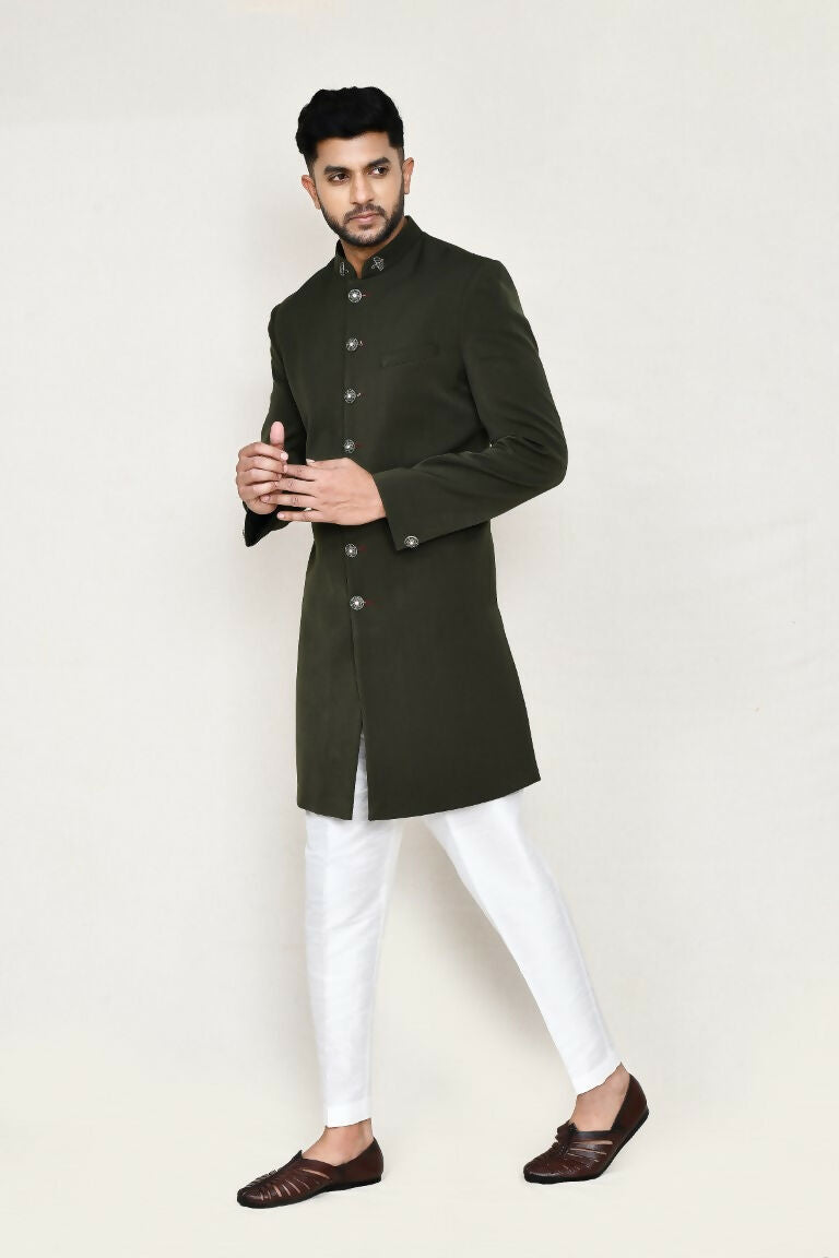 Joban Fashion Green Colored Terry Rayon Fabric Indo Western With Straight Fit Pant
