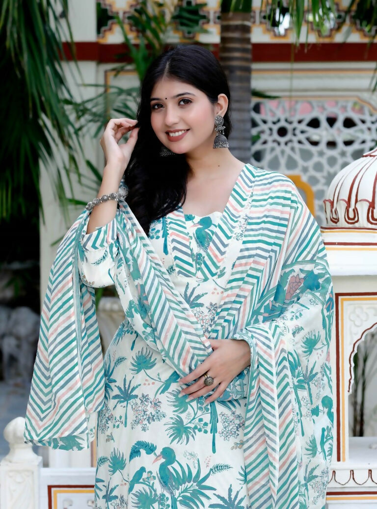 Miravan Women's Light Green Scenic Birds And Leaf Straight Pakistani Style Suit Set