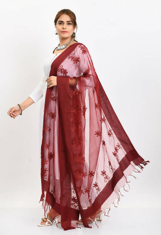 Mominos Fashion Moeza Women's Orgenza All Over Chikan Work Maroon Dupatta - Distacart