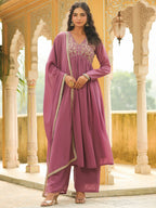 Janasya Lavender Georgette Yoke Embroidery Kurta,Bottom & Dupatta