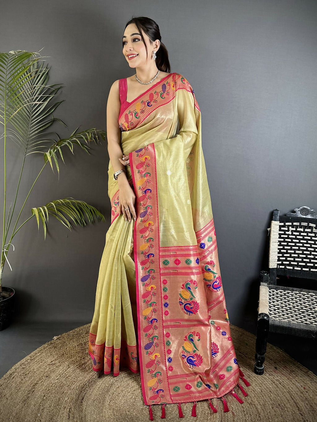 Joban Fashion Golden Beige Zari Weaving Tissue Paithani Saree