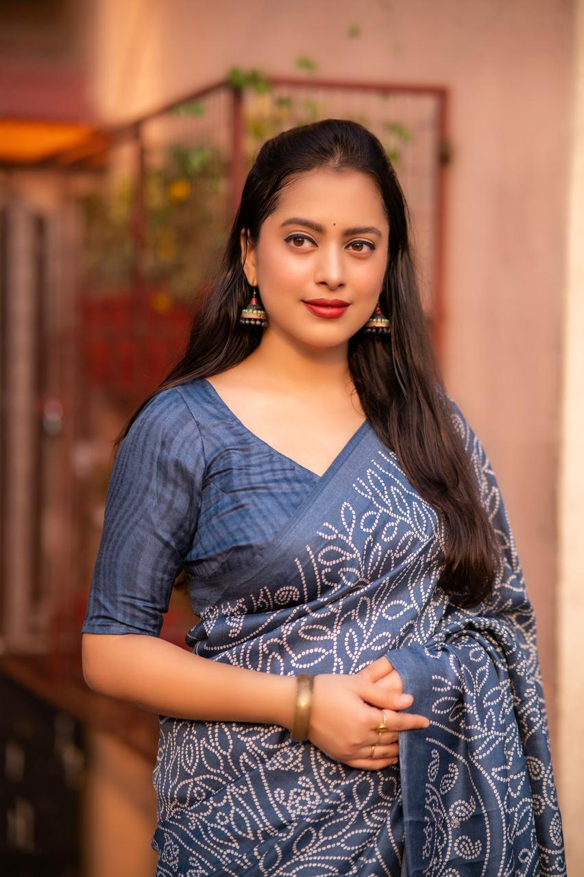 Grey Silk Blend Ajrak Saree with Unstitched Blouse - A2M
