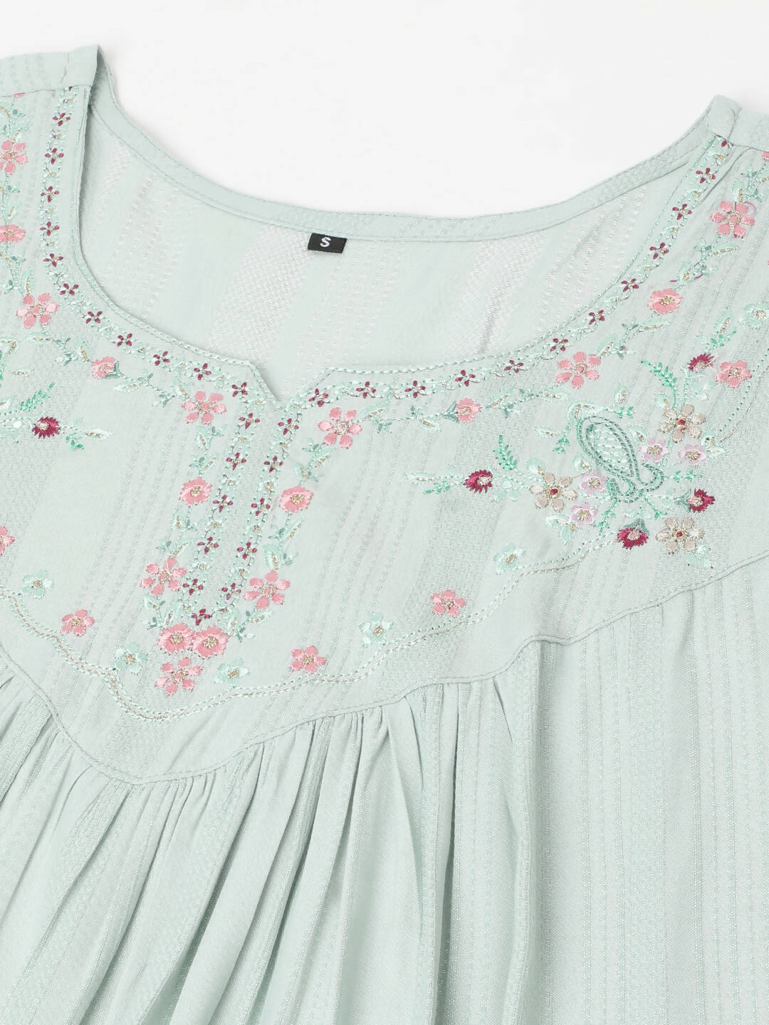 Light Blue Poly Cotton Yoke Embroidered A-line Top - Tarini